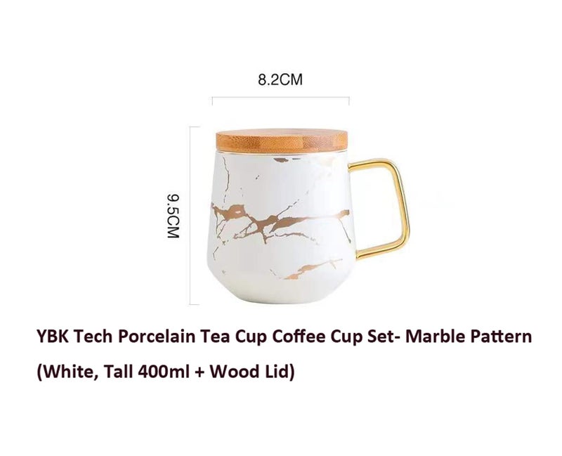 Eplze YBK Tech Porcelain Tea Cup Coffee Mug Set for Afternoon Tea - Marble Pattern (White, Tall 400ml + wood lid) - Image 2